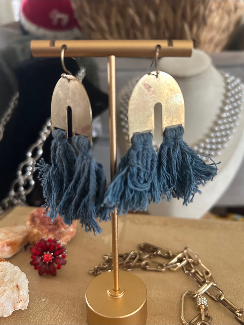 & Other Stories Gold Metal Tassel Drop Earrings with Blue Fringe